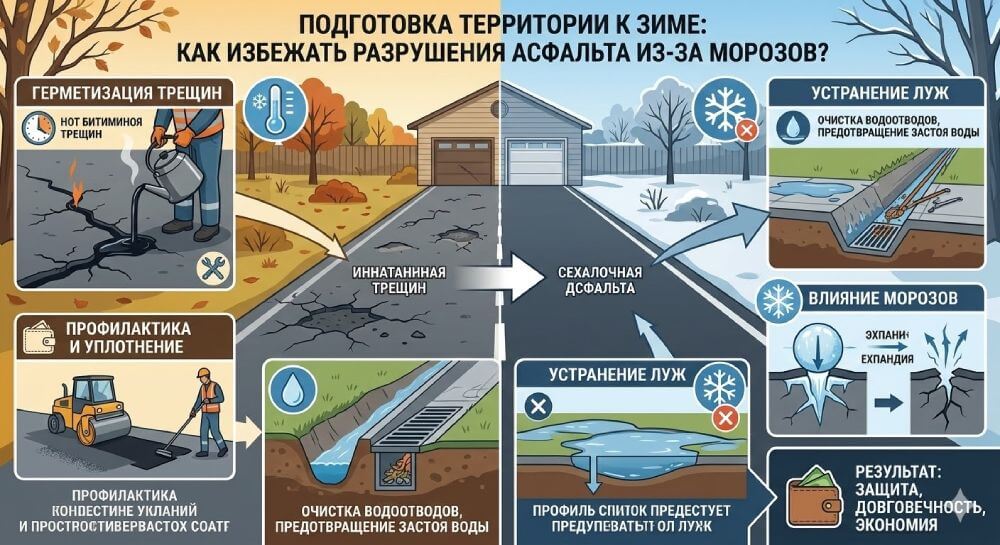 Подготовка территории к зиме: как избежать разрушения асфальта из-за морозов ?